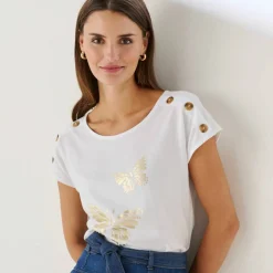 T-shirt col rond imprimé papillon doré