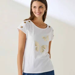 T-shirt col rond imprimé papillon doré
