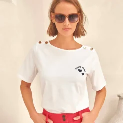 T-shirt col rond, imprimé placé