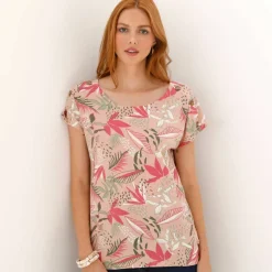 T-shirt col rond imprimé tropical