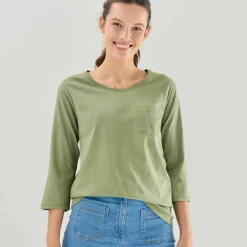 T-shirt col rond manches 3/4, broderie anglaise