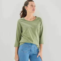 T-shirt col rond manches 3/4, broderie anglaise