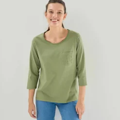 T-shirt col rond manches 3/4, broderie anglaise