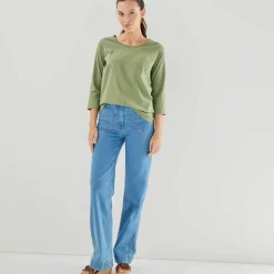 T-shirt col rond manches 3/4, broderie anglaise
