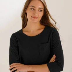 T-shirt col rond manches 3/4, broderie anglaise