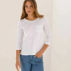 T-shirt col rond manches 3/4, broderie anglaise
