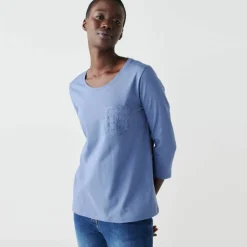 T-shirt col rond manches 3/4, broderie anglaise