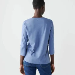 T-shirt col rond manches 3/4, broderie anglaise