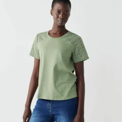 T-shirt col rond manches courtes, détail broderie anglaise