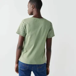 T-shirt col rond manches courtes, détail broderie anglaise