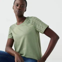 T-shirt col rond manches courtes, détail broderie anglaise