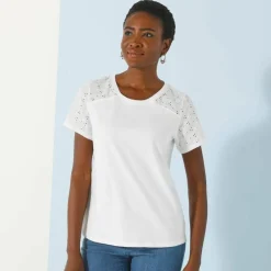 T-shirt col rond manches courtes, détail broderie anglaise