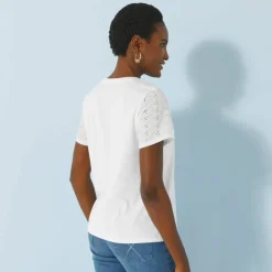 T-shirt col rond manches courtes, détail broderie anglaise