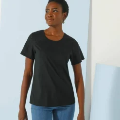 T-shirt col rond manches courtes, détail broderie anglaise