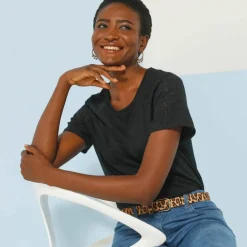 T-shirt col rond manches courtes, détail broderie anglaise