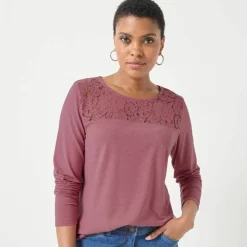 T-shirt col rond manches longues dentelle