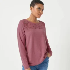T-shirt col rond manches longues dentelle