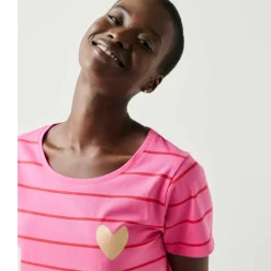 T-shirt col rond rayé, imprimé coeur doré