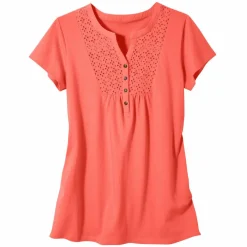 T-shirt col tunisien manches courtes, broderie anglaise