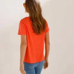 T-shirt col tunisien manches courtes, broderie anglaise