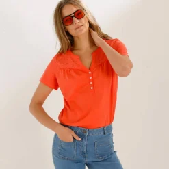 T-shirt col tunisien manches courtes, broderie anglaise