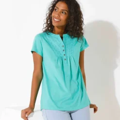 T-shirt col tunisien manches courtes, broderie anglaise