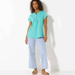 T-shirt col tunisien manches courtes, broderie anglaise