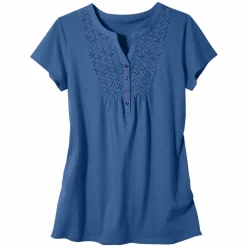 T-shirt col tunisien manches courtes, broderie anglaise