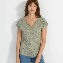 T-shirt col tunisien manches courtes, imprimé