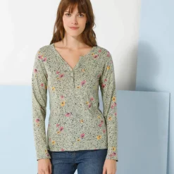 T-shirt col tunisien manches longues, imprimé