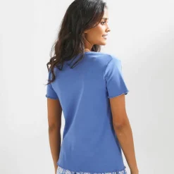 T-shirt col V boutonné, finition frisottis