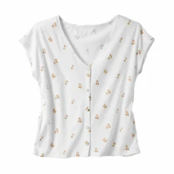 T-shirt col V boutonné imprimé cerises dorées