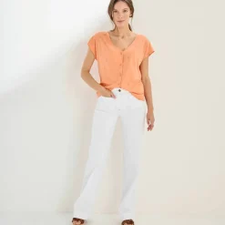 T-shirt col V boutonné imprimé cerises dorées