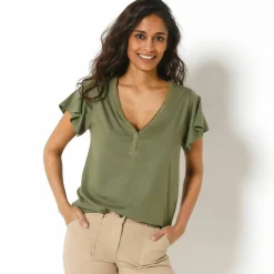 T-shirt col V doré maille unie