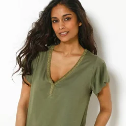 T-shirt col V doré maille unie