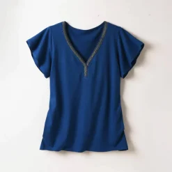 T-shirt col V doré maille unie
