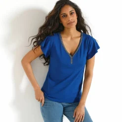 T-shirt col V doré maille unie