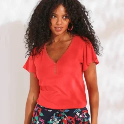 T-shirt col V doré maille unie