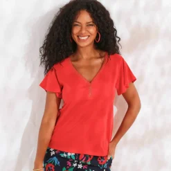 T-shirt col V doré maille unie