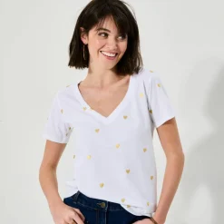 T-shirt col V imprimé cœurs dorés