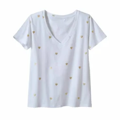 T-shirt col V imprimé cœurs dorés