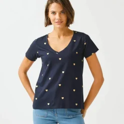 T-shirt col V imprimé cœurs dorés