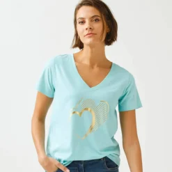 T-shirt col V imprimé doré