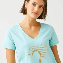 T-shirt col V imprimé doré