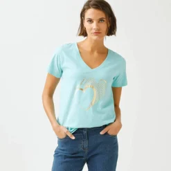T-shirt col V imprimé doré