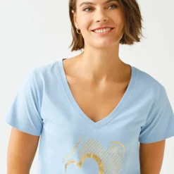 T-shirt col V imprimé doré