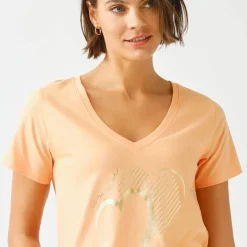 T-shirt col V imprimé doré