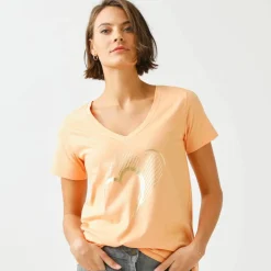 T-shirt col V imprimé doré