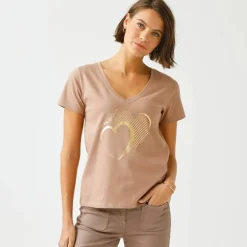 T-shirt col V imprimé doré