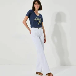T-shirt col V imprimé doré